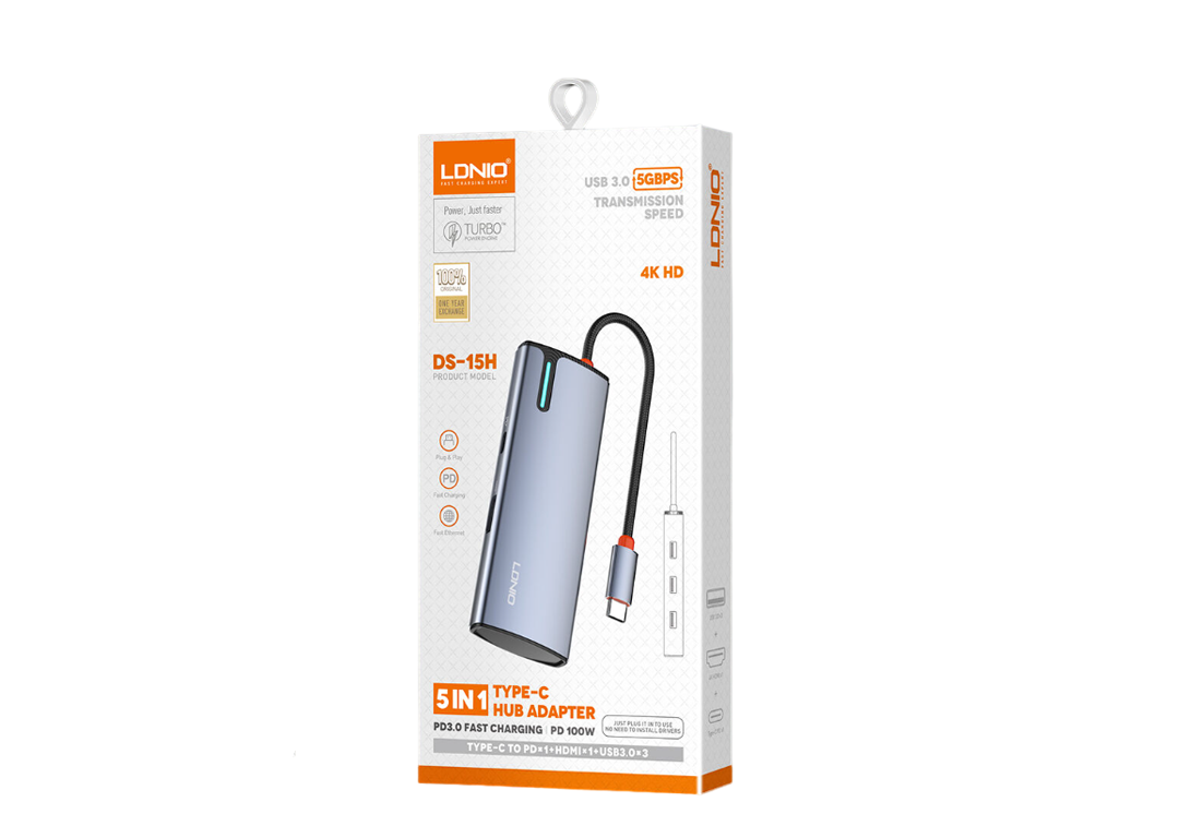 Hub chia 3 trong 1 Type-C -> USB3.0 + HDMI + PD100W LDNIO DS-15H