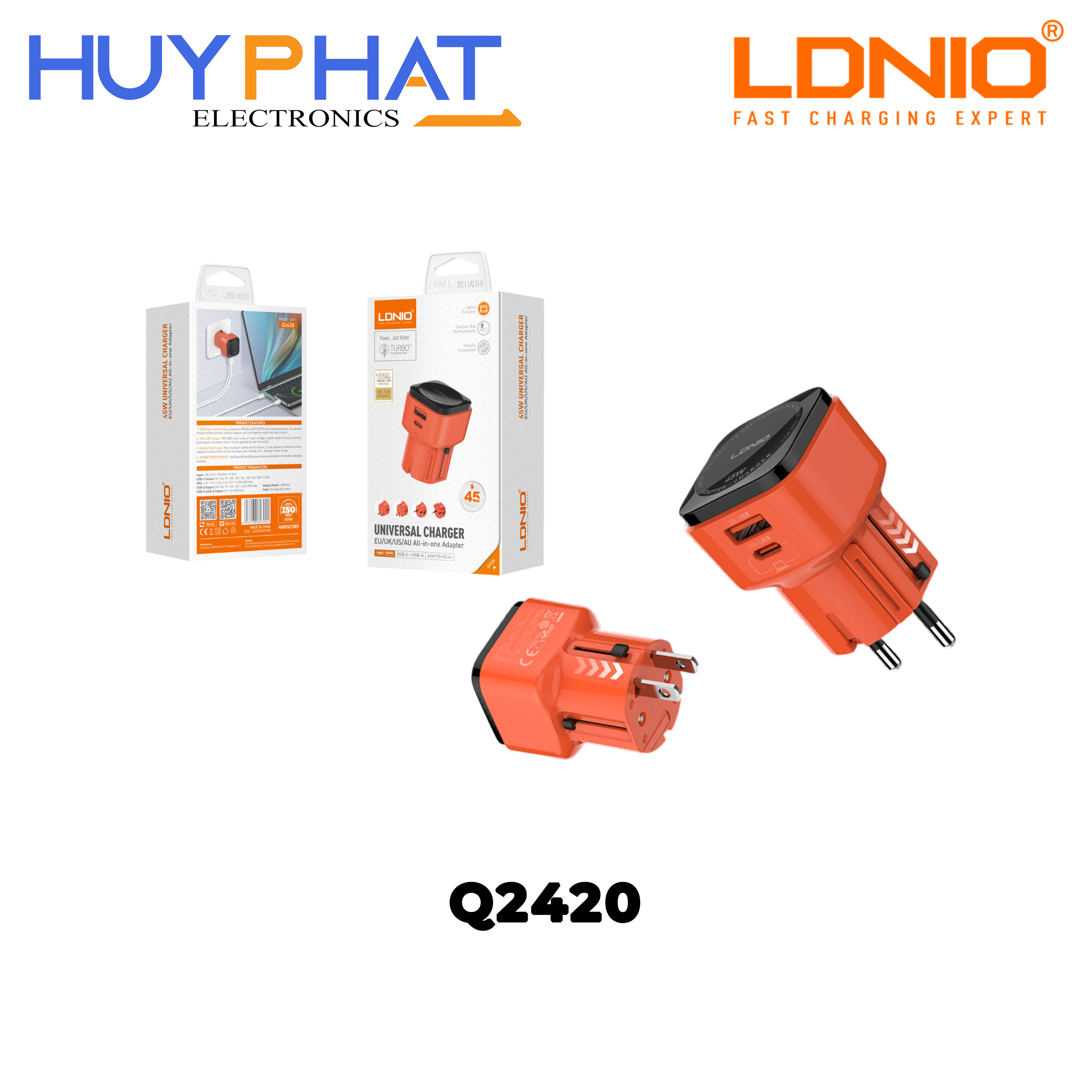Cục sạc 45W USB/Type-C kèm cáp Type-C màu cam LDNIO Q2420