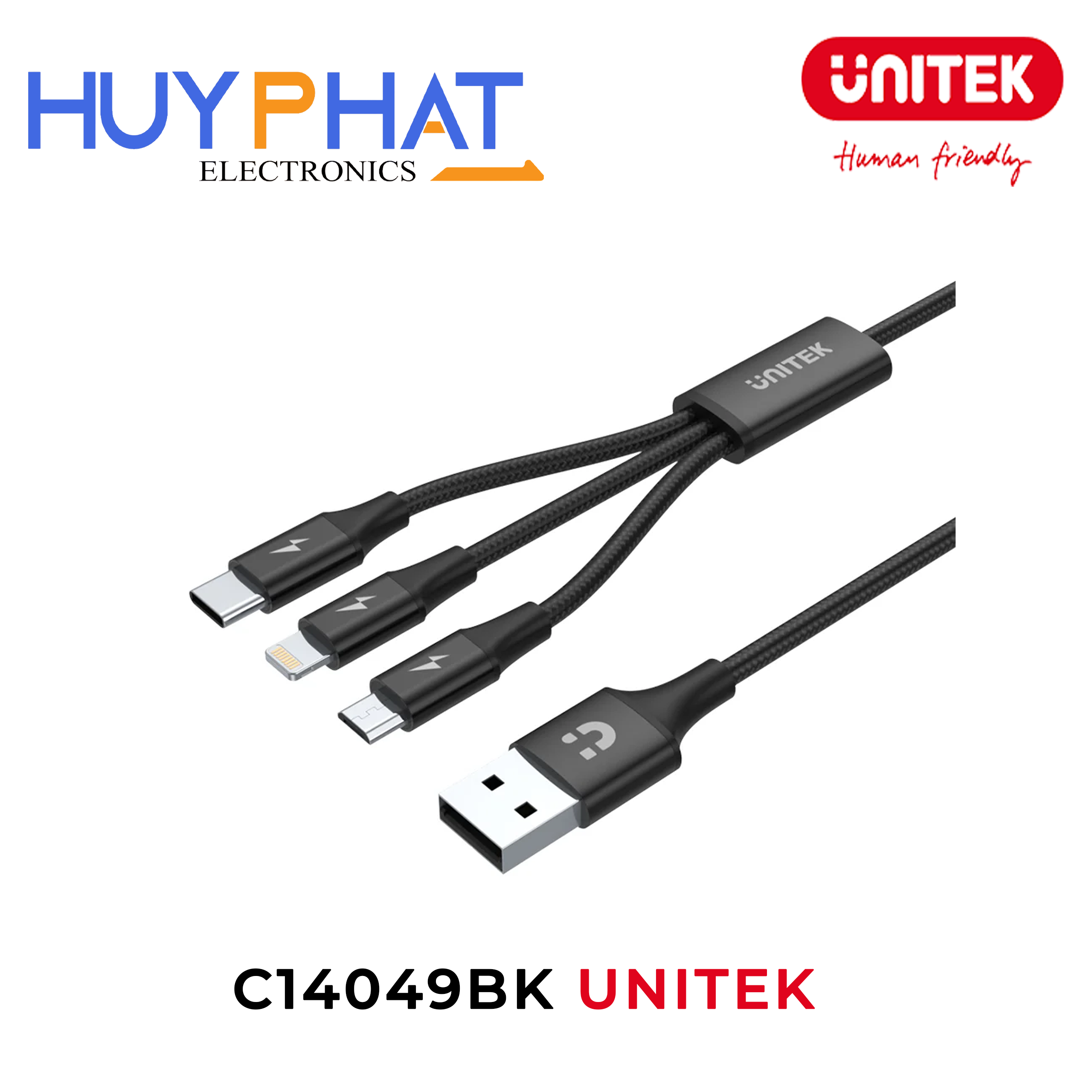 Cáp sạc đa năng 3 trong 1 USB-A sang USB-C / Micro USB / Lightning UNITEK C14049BK