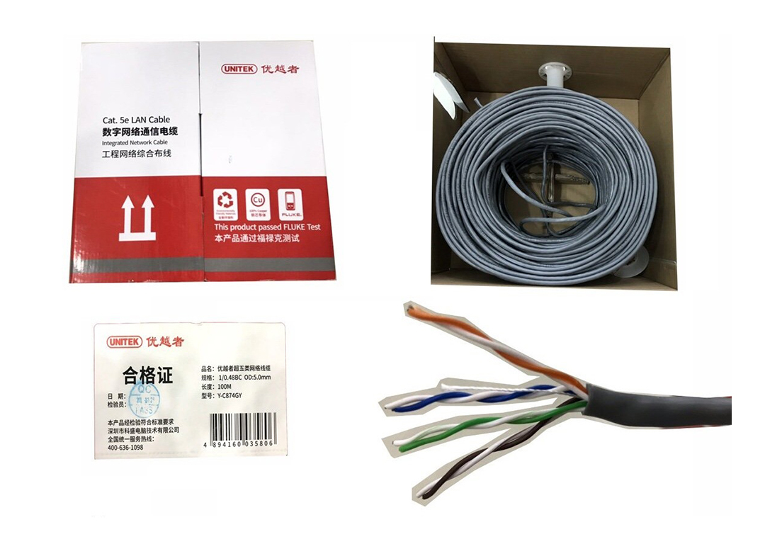 Cáp Cat5e UTP 0.48BC OD5.0mm dài 100m UNITEK Y-C874GY